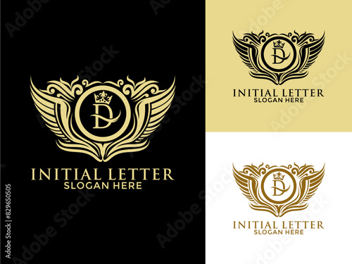 Luxury royal wing Letter D Logo vector, Luxury wing crown emblem alphabets logo design template
