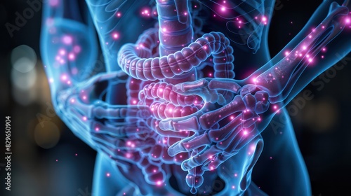 Scientific diagram showing calcium absorption and dependence on vitamin D in the gut. photo