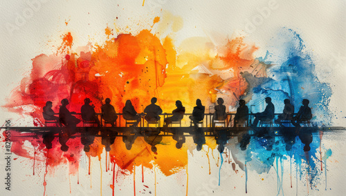 A watercolor painting of people sitting in chairs arranged side by side. Created with Ai