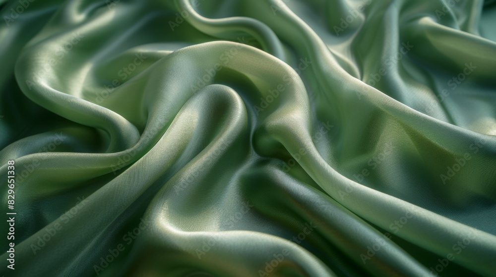 The image shows a close-up of a luxurious green satin-like fabric, highlighting its smooth texture and fine folds The image shows a close-up of a luxurious green satin-like fabric, highlighting its smooth texture and fine folds