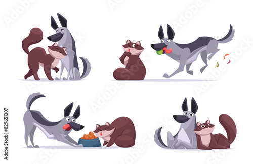 Cat dogs friendship. Domestic pets playing and hugging together exact vector animals friendship