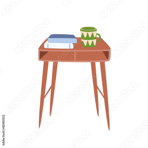 Side table with books, patterned water cup. Wooden bedside nightstand. Furniture for bedroom, furnishings of home. Modern interior decor. Flat isolated vector illustration on white background