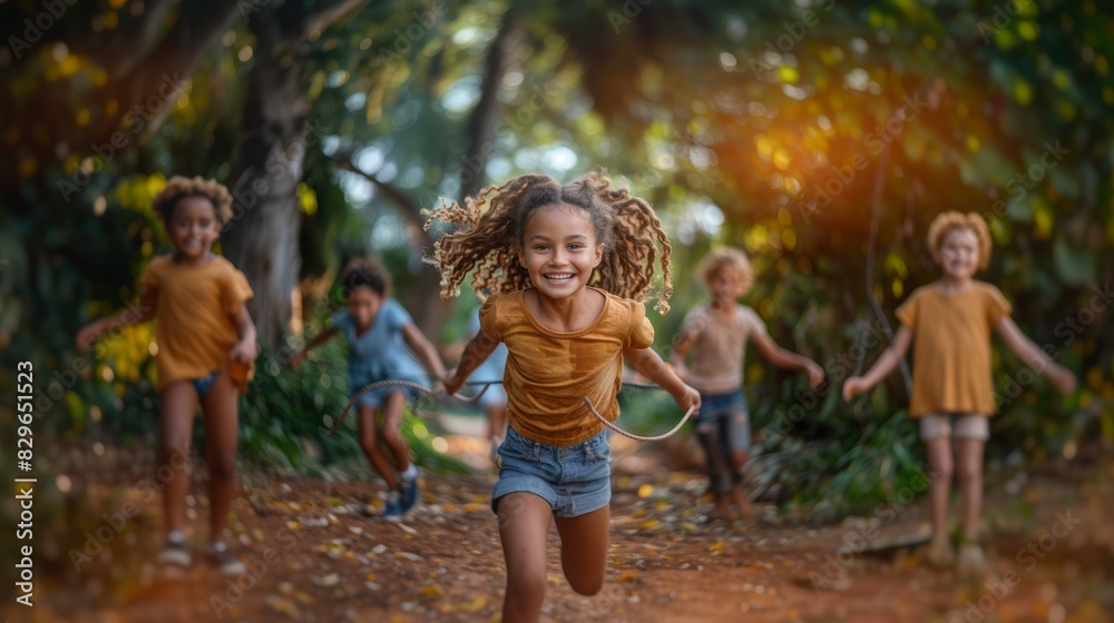 A group of cheerful children play tag in a forest, with one girl running towards the camera
