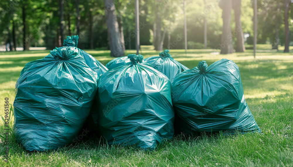Trash bags on green grass. Full plastic garbage polyethylene containers. Ecology problem. Close up Trash bags on green grass. Full plastic garbage polyethylene containers. Ecology problem. Close up