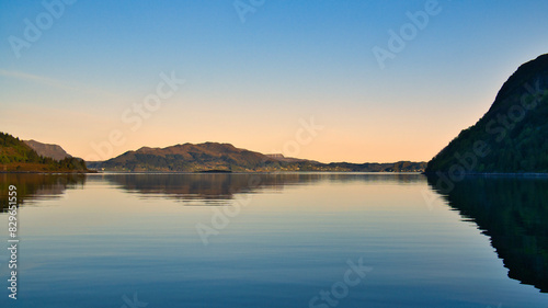 Fjord with view of mountains and fjord landscape in Norway. Landscape in evening