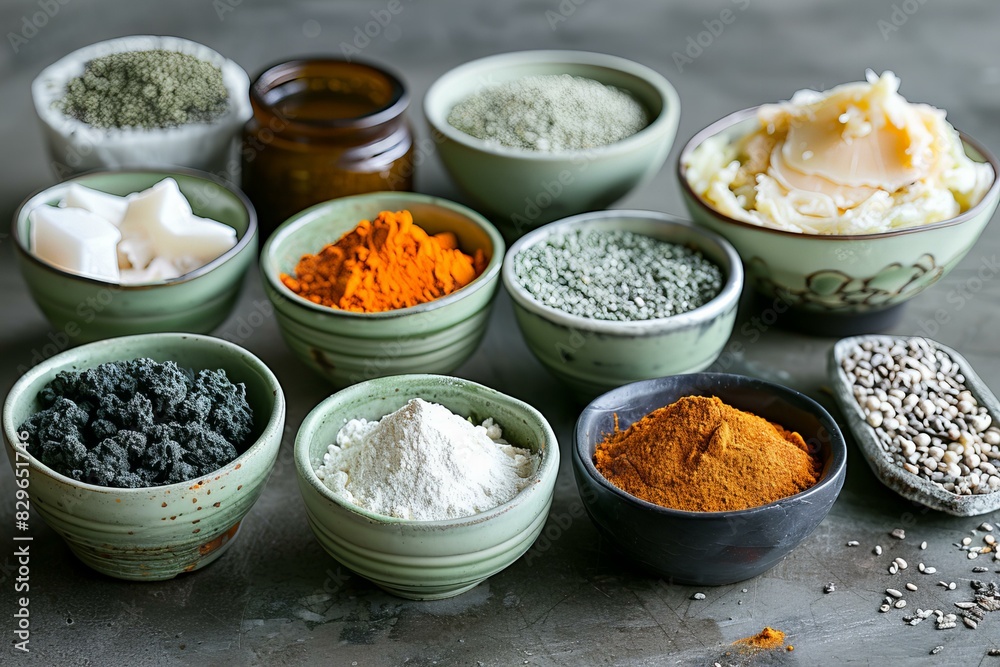 Depicting a various ingredients for a facial scrub sitting in bowls