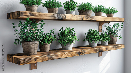 Brown wooden floating shelves hanging on a white wall. Green indoor plants in pots stand on shelves 