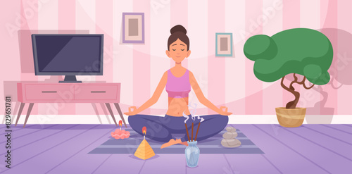 Aromatherapy. Interior of massage room with decorative handicrafts aroma candles exact vector cartoon background