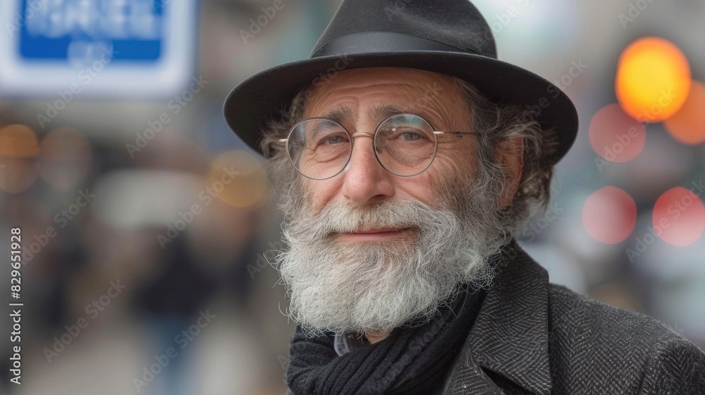 An elderly gentleman with a full beard and glasses poses, with blurry urban lights in the background An elderly gentleman with a full beard and glasses poses, with blurry urban lights in the background