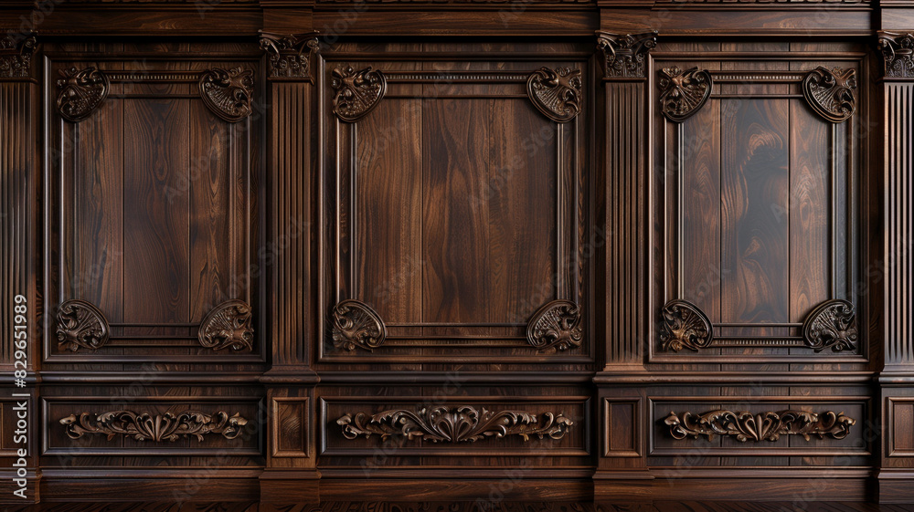 old wooden wall with decorative panels and carved elements. The interior is in the style of classical