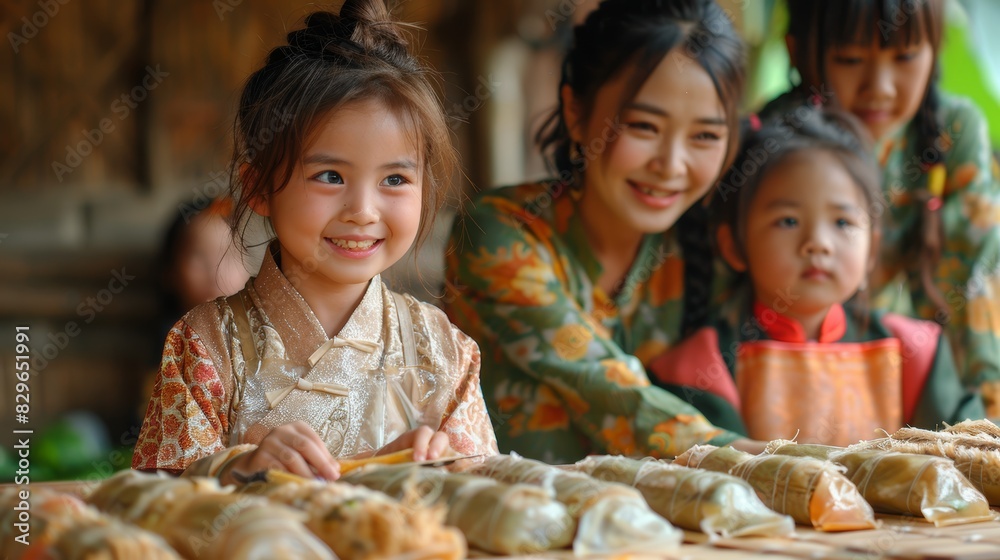 Three young girls joyfully prepare traditional food with an adult in a rustic setting Three young girls joyfully prepare traditional food with an adult in a rustic setting
