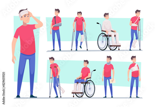 Injury person. Arms legs hands and head bandaged exact vector medical concept illustrations