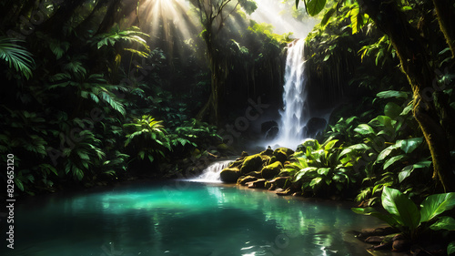 A powerful waterfall cascading into a clear pool surrounded by dense  green rainforest vegetation. Sunlight breaks through the canopy  creating a magical atmosphere with mist rising from the water. 