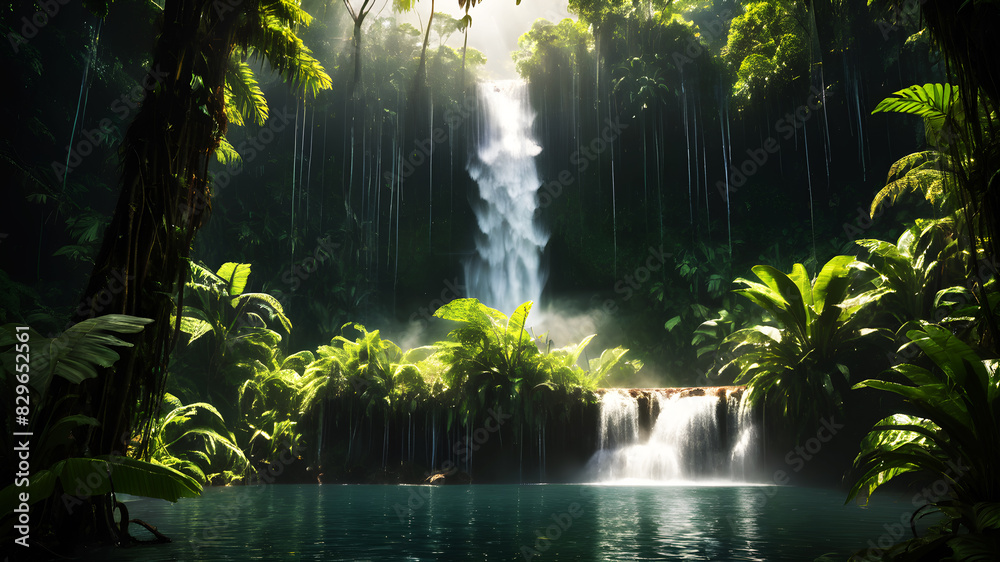 A powerful waterfall cascading into a clear pool surrounded by dense, green rainforest vegetation. Sunlight breaks through the canopy, creating a magical atmosphere with mist rising from the water. A powerful waterfall cascading into a clear pool surrounded by dense, green rainforest vegetation. Sunlight breaks through the canopy, creating a magical atmosphere with mist rising from the water.
