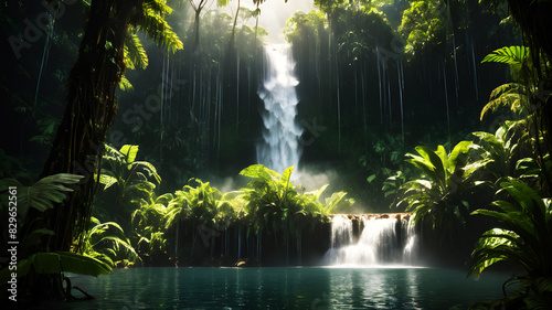 A powerful waterfall cascading into a clear pool surrounded by dense  green rainforest vegetation. Sunlight breaks through the canopy  creating a magical atmosphere with mist rising from the water. 