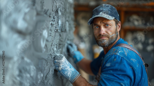 A focused construction worker in a blue shirt applying plaster to a wall, covered in specks of material