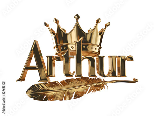 Arthur Name Logo Design Background, Arthur Name in Elegant Font, Gold Crown with feather, Vector Format