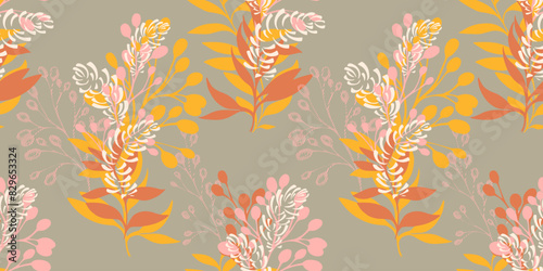 Abstract artistic bouquet with branches, leaves, unique forms seamless pattern. Vector hand drawing illustration. Pastel olive printing with creative shapes leaf stems. Template for designs