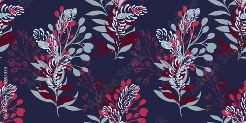 Abstract artistic seamless pattern with colorful bouquet branches, leaves and unique forms. Vector hand drawing illustration. Creative shapes leaf stems printing on a dark blue background.