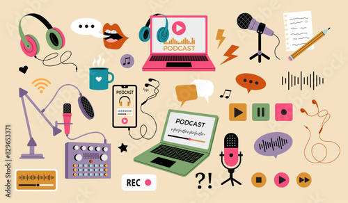 Podcast. Gadgets for web audio or video streaming headphones microphones laptop recording stuff recent vector stylized flat illustrations