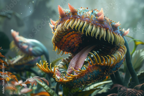 A close-up of a fantastical carnivorous plant with a gaping maw and sharp teeth. Its vibrant colors and intricate details make it a unique and captivating subject.