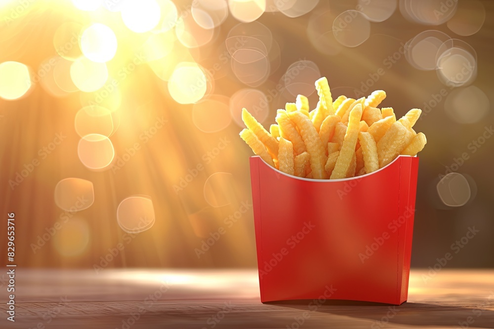 3d illustration of fast food french fries in red paper box on blurred background 3d illustration of fast food french fries in red paper box on blurred background