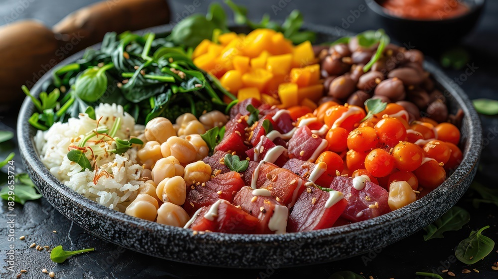 A balanced diet with protein, vegetables, and whole grains, with an emphasis on overall health. A balanced diet with protein, vegetables, and whole grains, with an emphasis on overall health.