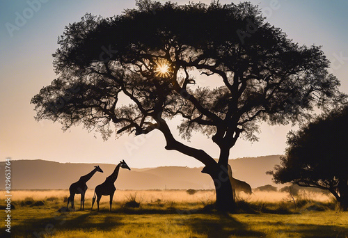 Landscape with two giraffes under a tree in the savannah