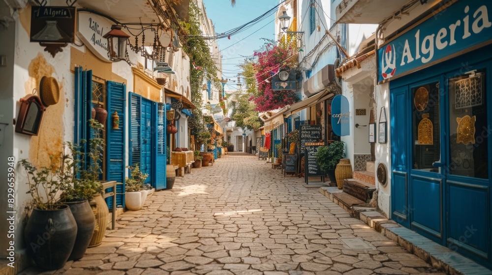 Obraz premium A picturesque alleyway in Algeria, lined with traditional blue doors and flower pots, evokes a sense of local culture and charm