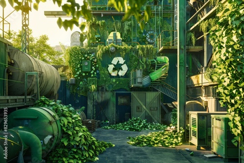 A plantthemed recycling symbol surrounded by lush green leaves photo