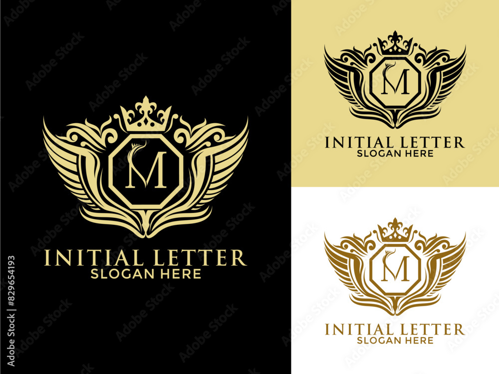 Luxury royal wing Letter M Logo vector, Luxury wing crown emblem alphabets logo design template