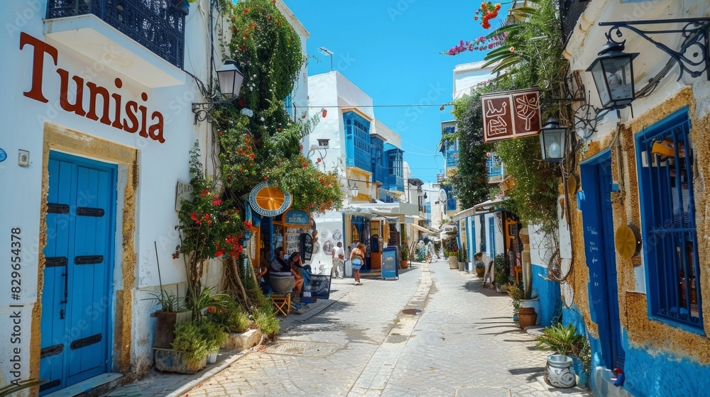 Fototapeta premium A vibrant street in Tunisia with iconic blue doors, white walls, and people enjoying the local cafés