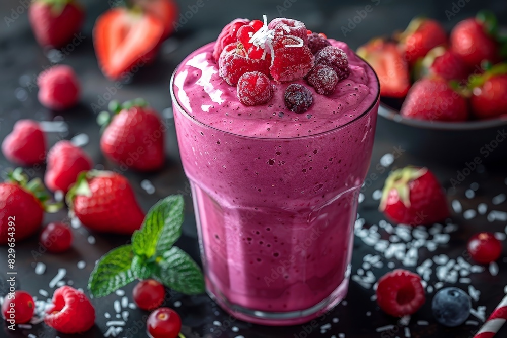 Coconut Berry Smoothie - Purple with coconut shavings and berries. 
