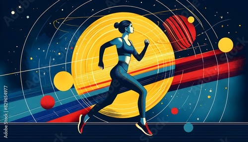 Dynamic illustration of a woman running  set against a cosmic background with planets and stars  symbolizing energy and fitness. 