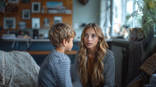A caring young woman listens attentively to a young boy in a cozy home environment, conveying warmth and family interaction © AS Photo Family