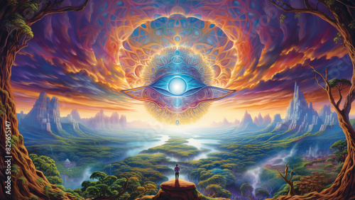 Vibrant and colorful abstract art depicting a sacred temple surrounded by ethereal light and cosmic patterns.