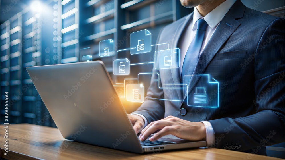 Document management system (DMS) technology, businessman use laptop ...