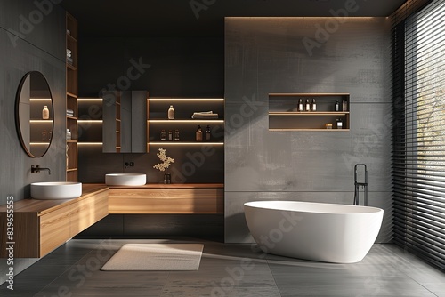 Contemporary Wooden Panel Bathroom with White Sink and Bathtub