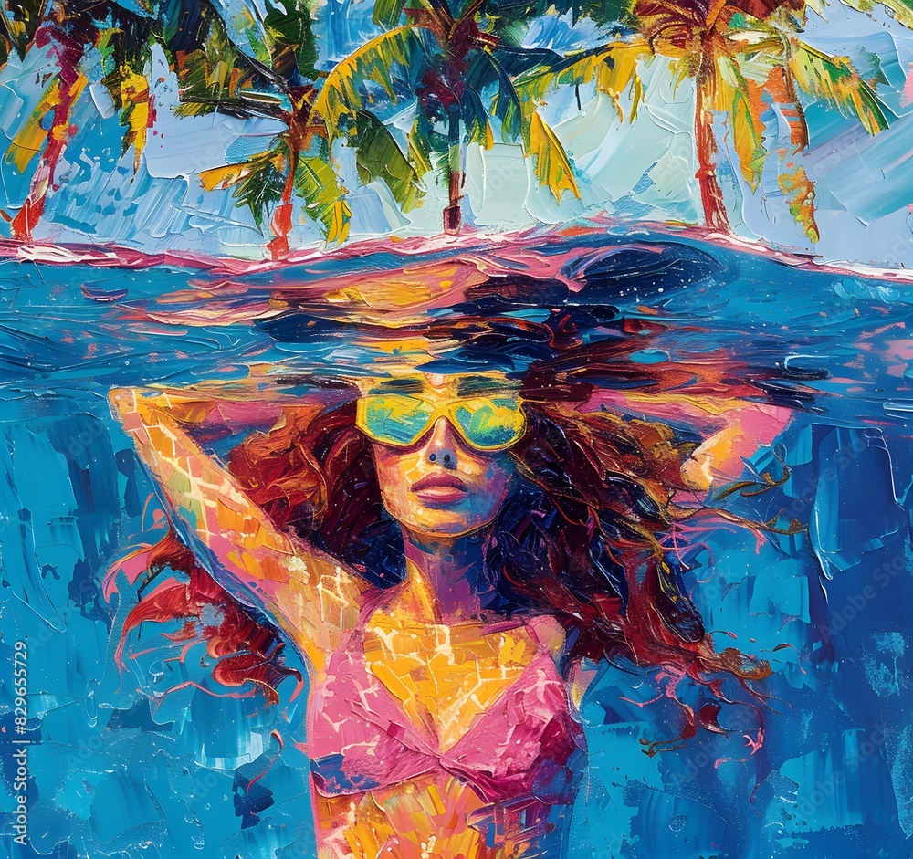 oil painting of swimming in the pool, woman with long wavy red hair wearing a pink and blue pastel neon suit floating underwater, which in Generate AI oil painting of swimming in the pool, woman with long wavy red hair wearing a pink and blue pastel neon suit floating underwater, which in Generate AI