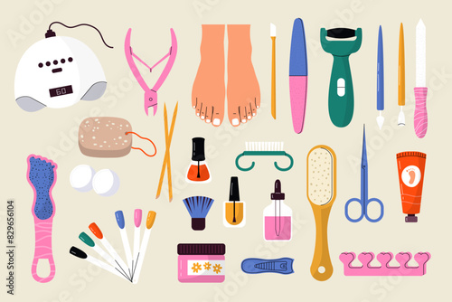 Pedicure. Professional tools for nails care manicure items nail cutter creams recent vector beauty vector set