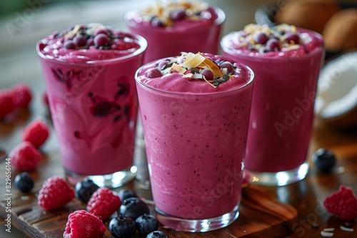 Coconut Berry Smoothie - Purple with coconut shavings and berries. 