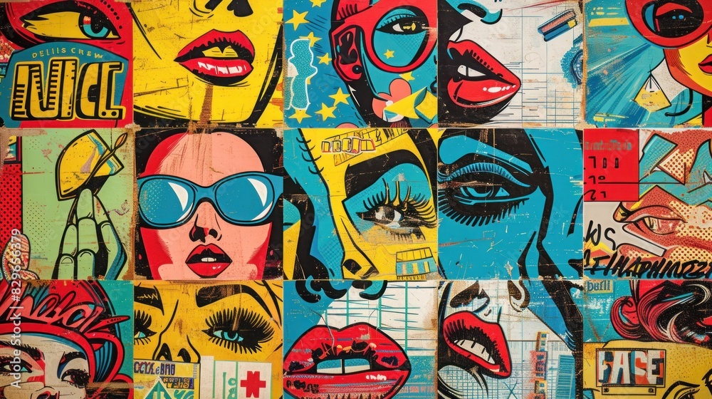 A striking retro pop art background inspired by vintage advertisements. The design features a collage of bold, colorful images, including iconic symbols, exaggerated facial expressions, and stylized