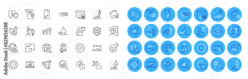 Education, Portable computer and Internet line icons pack. International delivery, Shield, Time management web icon. Waterproof, Annual tax, Seo analysis pictogram. Chemistry lab. Vector