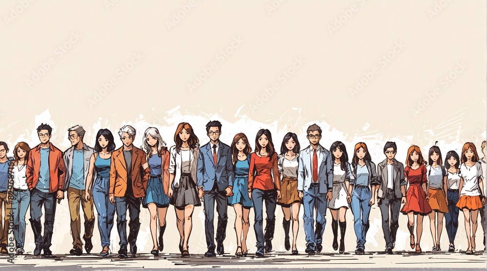 Fototapeta premium Teamwork, Stride in unity a group of individuals walking as one, bound by a common purpose. Together, they navigate challenges, support each other, and march towards success with determination and so
