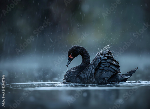 Fototapeta Naklejka Na Ścianę i Meble -  Black swan in the lake in rainy day on beautiful nature background