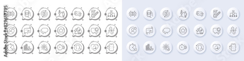 Launch project, Security app and Cogwheel timer line icons. White pin 3d buttons, chat bubbles icons. Pack of Augmented reality, Inventory, Employees messenger icon. Vector