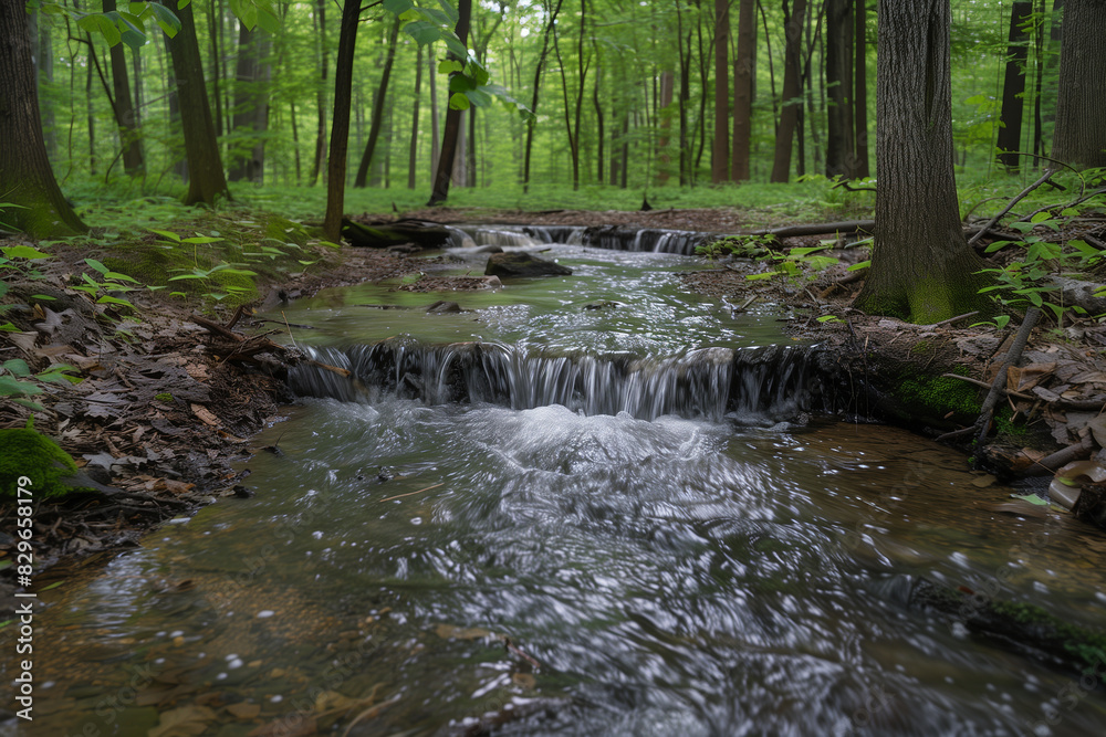 An underwood with a small stream flowing through An underwood with a small stream flowing through