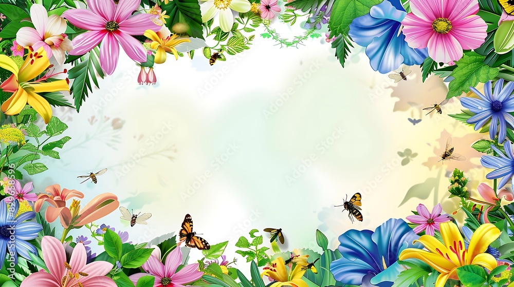 Generate a World Environment Day frame with a background of blooming flowers and pollinators, keeping the center empty for a special note or photo