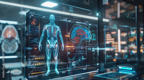 abstract background of futuristic science. human anatomy hologram in a futuristic lab #829659189