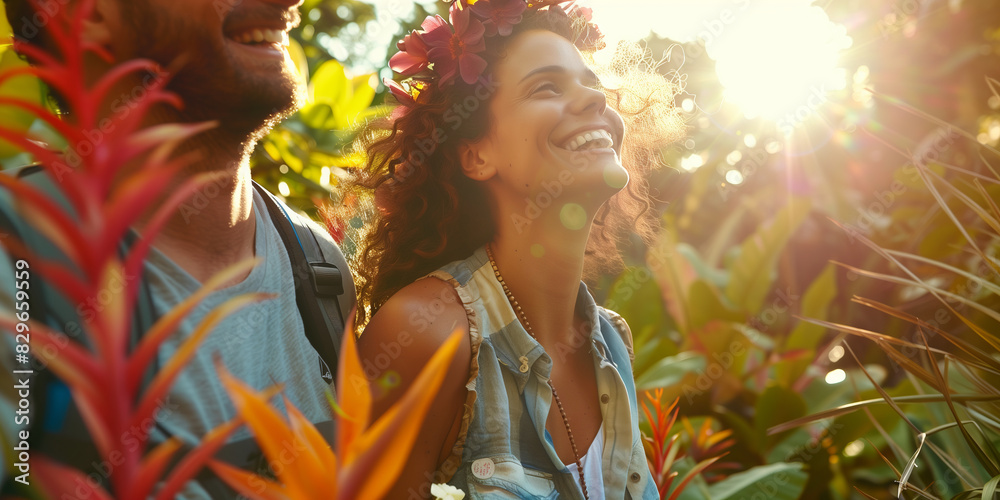 Portrait of young attractive couple with exotic flowers around them in Hawaiian landscape. Celebrating National Hawaii Day. Portrait of young attractive couple with exotic flowers around them in Hawaiian landscape. Celebrating National Hawaii Day.